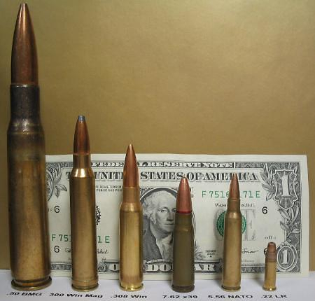 대물저격총에 사용하는 탄환(왼쪽 끝)과 소총용 탄환 비교 모습 사진=위키미디어 캡처