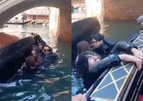 이탈리아 북부 수상도시 베네치아에서 중국인 관광객 일행이 곤돌라 뱃사공의 지시를 어기고 사진을 찍기 위해 배에서 움직이다가 물에 빠졌다. 사진=엑스(X) 캡처.