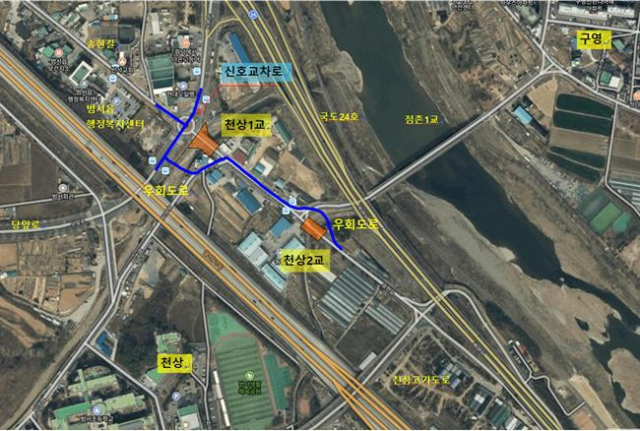 도로확장공사가 진행 중인 울산시 범서읍 천상1교와 천상2교 위치 지도. 울산시