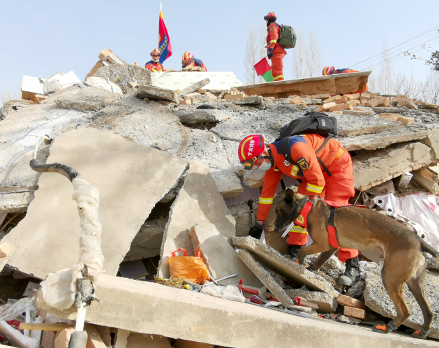 19일 중국 서북부 칭하이성 하이둥시의 한 마을에서 구조대원들이 지진으로 무너진 건물을 수색하고 있다. 전날 저녁 간쑤성 린샤주 지스산현에서 규모 6.2의 강진이 발생한 뒤 이날 오후까지 간쑤성에서 113명, 칭하이성에서 14명이 사망했다. 신화연합뉴스