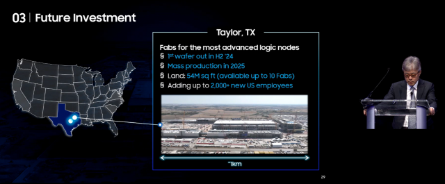 최시영 삼성전자 파운드리사업부 사장이 지난주 미국에서 열린 IEDM 2023 기조연설에서 텍사스 테일러 파운드리 공장에 대해 설명하고 있다. 출처=IEDM 2023