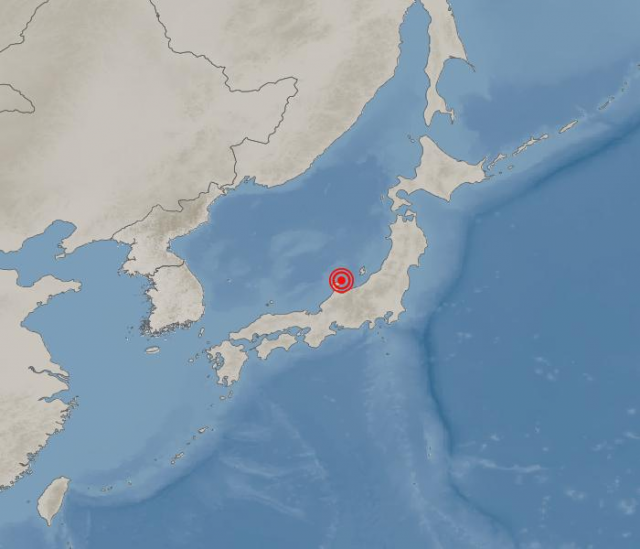 1일 일본 도야마현(혼슈) 도야마 북쪽 90km 해역에 강진이 발생했다.기상청 날씨누리 갈무리