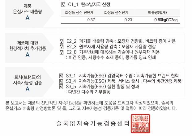 슬록의 지속가능화장품 검증 확인서.