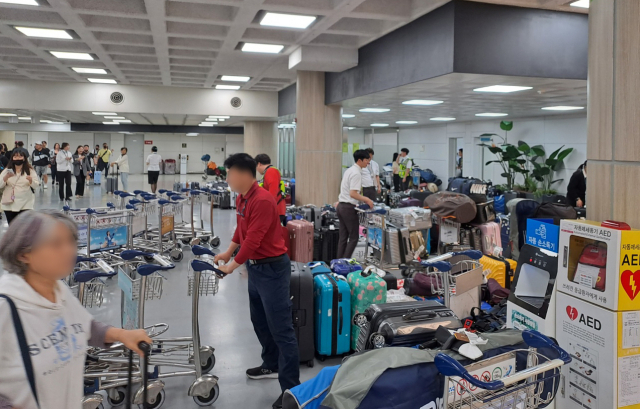 지난해 5월 제주국제공항 입국장에 주인을 찾지 못한 수하물들이 쌓여있다. 제주=연합뉴스