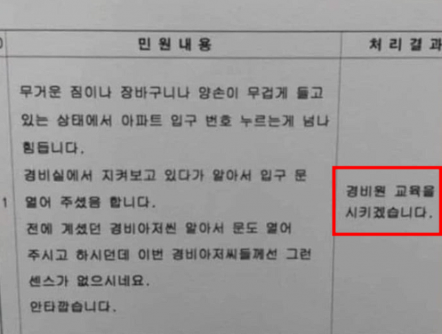 '경비원이면 센스 있게 문도 좀 열어주고”…입주민 지적에 관리사무소 대답은