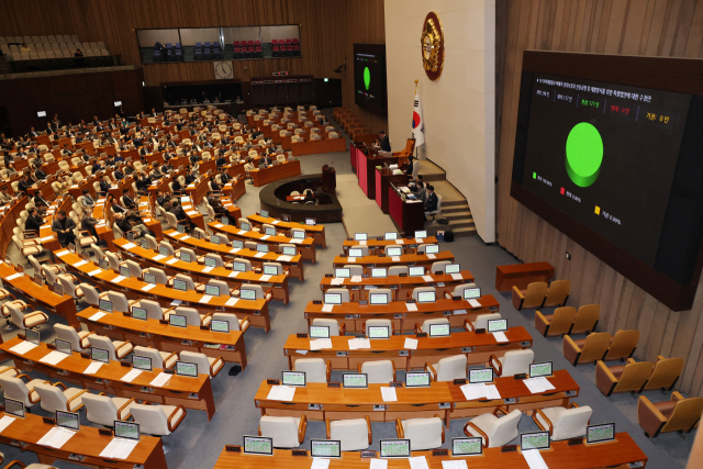 9일 국회 본회의에서 '이태원 참사 특별법'을 표결하고 있다. 여당은 표결 전 퇴장했다. 연합뉴스