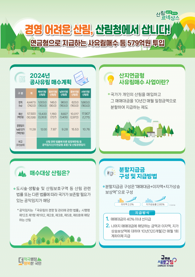 산림청은 올해 579억 원을 투입해 여의도 면적의 15배에 달하는 사유림 4447ha를 매수한다. 사진제공=산림청