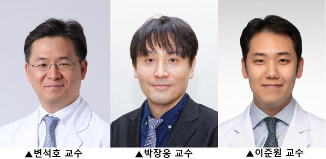 변석호(왼쪽부터) 세브란스병원 안과 교수, 박장웅 공과대학 신소재공학과 교수, 이준원 강남세브란스병원 안과 교수. 사진 제공=연세의료원