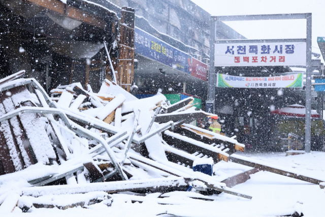 22일 오후 11시 8분께 충남 서천군 서천읍 서천특화시장에서 불이 나 점포 227개가 탔다. 불은 인명 피해 없이 9시간 만에 완전히 진화됐다. 수산물동과 식당동, 일반동 내 점포가 모두 소실됐다. 별관인 농산물동과 먹거리동 65개 점포까지는 번지지 않았다. 사진은 불이 난 서천특화시장 모습. 연합뉴스,