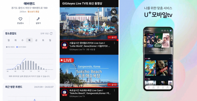 (왼쪽부터) SKT의 에이닷 혼잡도 서비스, KT의 기가아이즈 라이브TV, LG유풀러스의 U+tv.