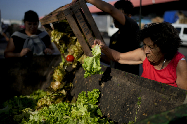 지난달 10일(현지시간) 아르헨티나 부에노스아이레스 외곽의 한 시장에서 한 여성이 상인들이 버린 농산물을 정리하고 있다. 아르헨티나는 연간 인플레이션율이 200%를 넘어섰다. AP연합뉴스