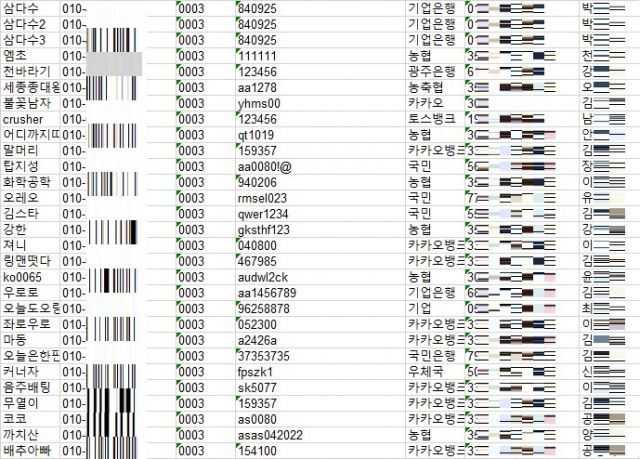 노동당 39호실 산하 IT 조직원이 유출한 도박 사이트 이용자 개인정보. 사진 제공=국가정보원