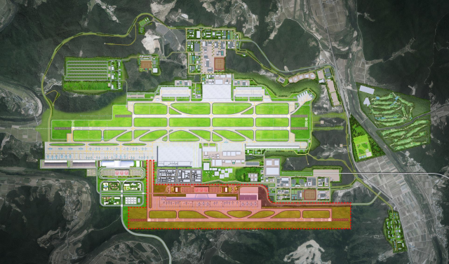 대구경북(TK)신공항 활주로 조감도. 붉은색 부분은 2단계 확장 예정 구간이다. 사진 제공=대구시