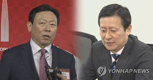 신동빈(왼쪽) 롯데그룹 회장과 신동주 전 일본롯데홀딩스 부회장. 연합뉴스TV