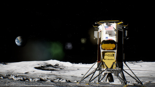 미국 민간 우주기업 인튜이티브머신스의 달 탐사선 '오디세우스(노바-C)'가 22일 5시 23분(현지 시각) 상업용 우주선으로는 최초이자 미국 우주선 중 52년 만에 달 표면에 착륙했다. 사진은 인튜이티브머신스가 제공한 오디세우스의 달 착륙 순간 예상 모습. 인튜이티브머신스 홈페이지