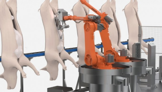 로보스가 개발한 로봇이 도축 작업을 실시하고 있다. 사진제공=로보스