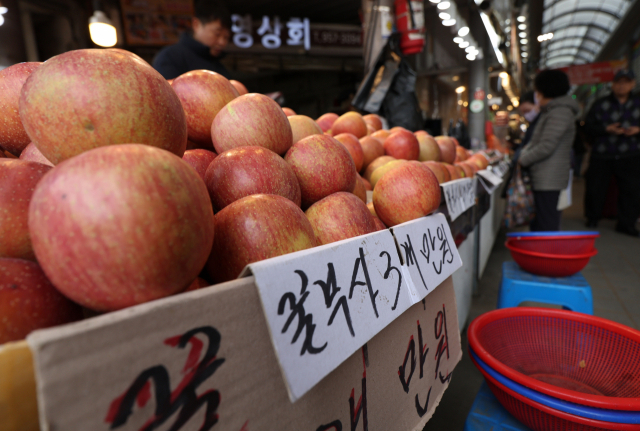 6일 오후 서울 동대문구 청량리청과물시장에서 한 상인이 사과를 팔고 있다. 연합뉴스.