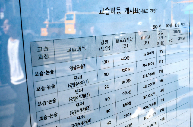 14일 오후 서울 강남구 대치동의 한 학원 입구에 교육비 안내문이 게시됐다. 연합뉴스