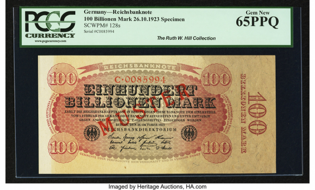 한 경매 사이트에 게시된 1923년 발행 100억 마르크 화폐의 모습. HA.com