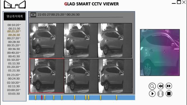 인공지능 모델 구조와 결과 예시. 블랙박스영상에서 차량의 좌측 상단의 3톤 트럭이 후진을 하다가 SUV와 충돌하고 있다. 사용자 소프트웨어는 해당 시점을 왼쪽 시간표에 표기하고 있다. 사진 제공=GIST