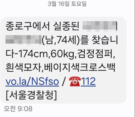 서울경찰청이 보낸 실종 경보 문자, 온라인커뮤니티 캡처