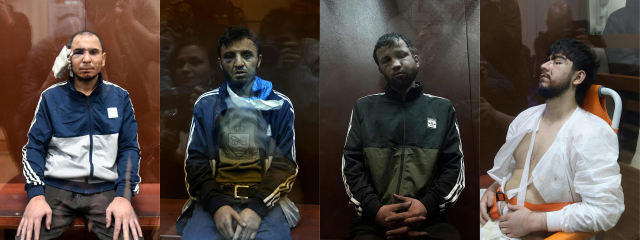 모스크바 공연장 테러의 주범으로 체포된 피의자들이 법정 심리를 기다리고 있다. 왼쪽부터 사이다크라미 라차발리조다, 달레르존 미르조예프, 샴시딘 파리두니(25), 무하마드소비르 파이조프(19)의 모습 AFP연합뉴스