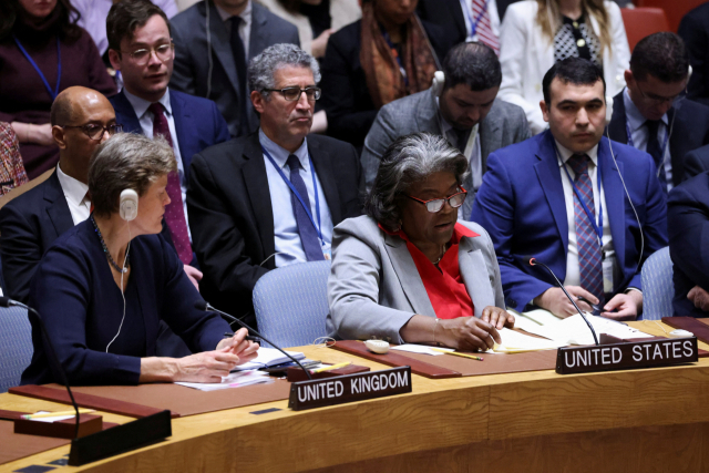 3월 25일 미국 뉴욕의 유엔 본부에서 열린 안전보장이사회 회의에서 린다 토마스-그린필드 유엔주재 미국 대사가 발언하고 있다. 로이터연합뉴스