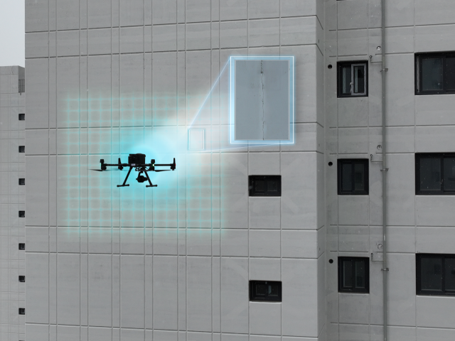 포스코이앤씨가 개발한 드론 인공지능(AI) 균열관리 솔루션 ‘포스 비전(POS-VISION)’이 아파트 외벽 균열을 탐지하고 있다. /사진 제공=포스코이앤씨