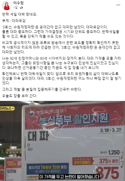 '한 뿌리' 발언 논란 이수정 '오늘 대파 격파'…영상 올렸다가 돌연 삭제, 왜?