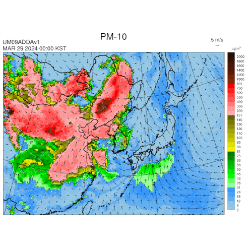 오는 30일까지 한반도 대기질 미세먼지(PM10) 예측 모델. 사진=국립환경과학원