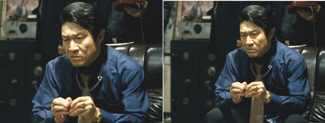 영화 '타짜'의 한 장면. 왼쪽이 원본이고 오른쪽은 캐릭터의 하반신 부분을 일부 생성한 결과. 오른쪽 수정본의 경우 왼쪽 아래에 생성형 AI로 편집했다는 표시가 찍혀 있다. 기자 스마트폰 캡처