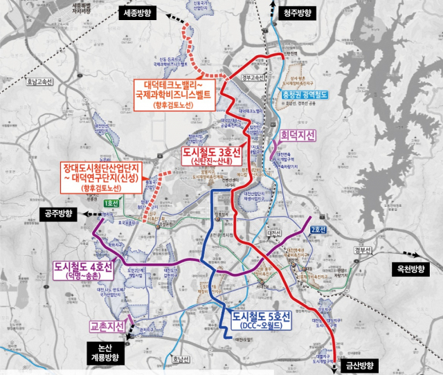 총연장 59.8㎞의 대전 도시철도 3·4·5호선 신규 노선 및 2.03㎞ 도시철도 2호선 지선 계획을 담아 대전시가 수립한 도시철도망 구축계획 노선안. 사진제공=대전시
