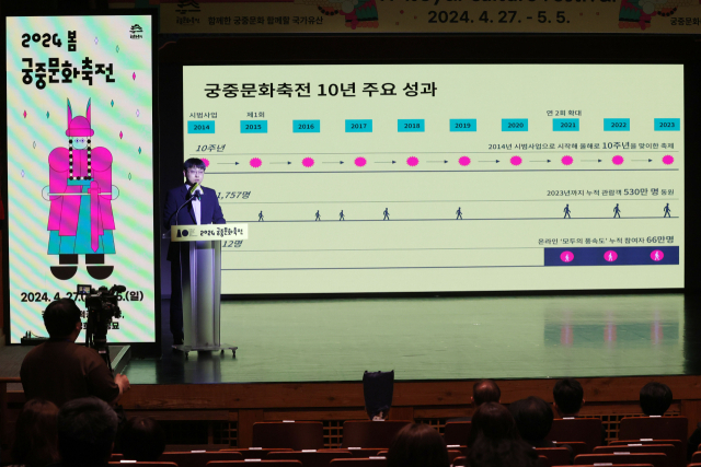 4일 '2024 봄 궁중문화축전' 기자간담회에서 역대 궁중문화축전의 성과가 설명되고 있다. 연합뉴스