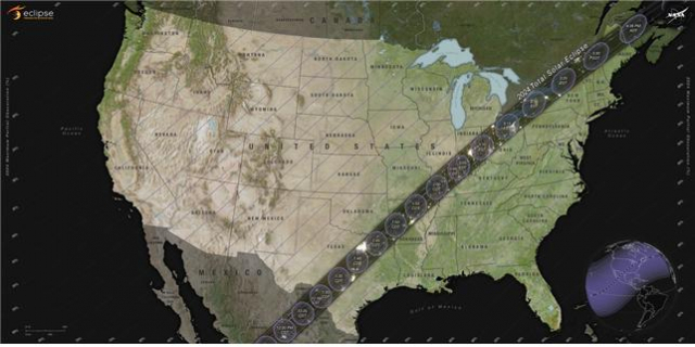 오는 8일(현지시간) 멕시코·미국·캐나다 등 북미를 가로지르는 개기일식 관측 가능한 지역. 그래픽=나사