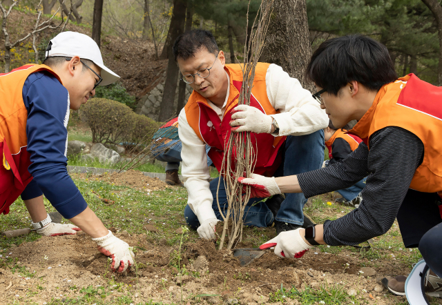 이호정(가운데) SK네트웍스 대표가 5일 임직원들과 남산공원에서 무궁화 묘목을 심고 있다. 사진 제공=SK네트웍스