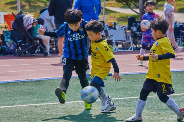 ‘제3회 인하대 개교 70주년 기념 총장배 인천FC 유소년 축구대회' 참가자들이 실력을 겨루고 있다. 사진제공=인하대학교