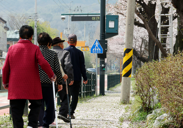 5일 전남에 있는 한 사전투표소에서 노인들이 투표를 마친 뒤 이동하고 있다. 연합뉴스
