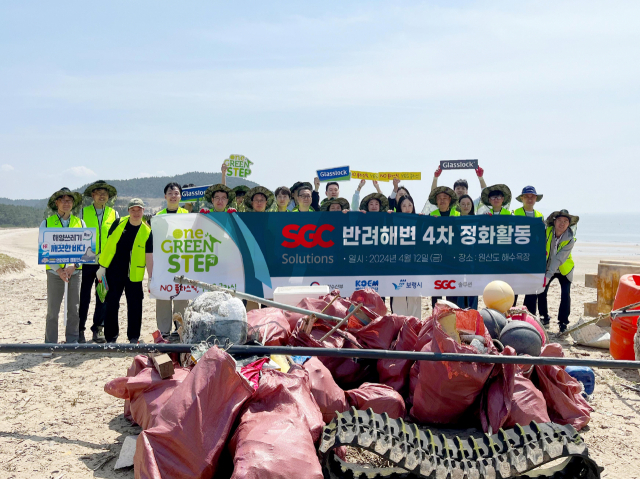 SGC솔루션 임직원들과 충남연구원 기후변화대응연구센터 연구위원들이 이달 12일 충남 보령시 원산도헤수욕장에서 반려해변 정화 활동에 참여한 후 기념사진을 촬영하고 있다. 사진 제공=SGC솔루션