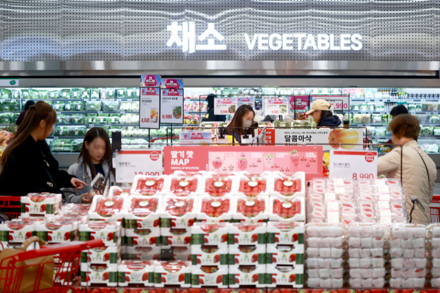고객들이 지난 11일 서울 시내 한 대형마트 신선식품 매장에서 과일을 둘러보고 있다. 연합뉴스