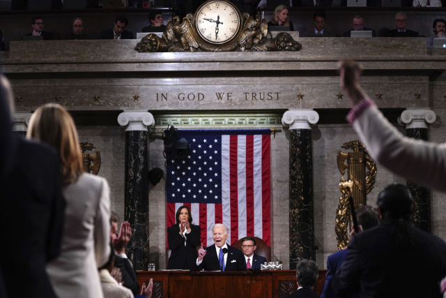 조 바이든 미국 대통령이 3월 7일 워싱턴 국회의사당에서 열린 합동 의회 연설에서 국정 연설을 하고 있다./AP연합뉴스