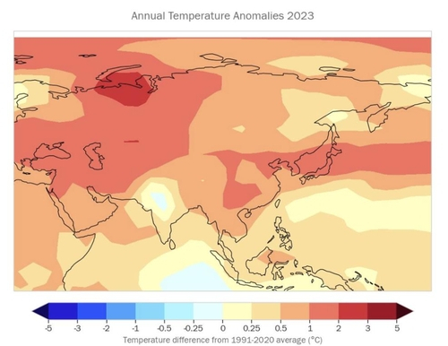 1991~2020년 평균 온도 대비 2023년도 지역별 온도. 자료 = 세계기상기구(WMO)