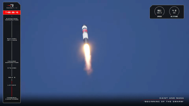 국내 최초 양산형으로 개발된 초소형 군집위성 1호기를 탑재한 우주발사체 '일렉트론'이 한국시간 24일 오전 7시 32분(현지시간 오전 10시 32분)에 뉴질랜드 마히아 발사장에서 발사되고 있다. Roket Lab 유튜브 캡쳐