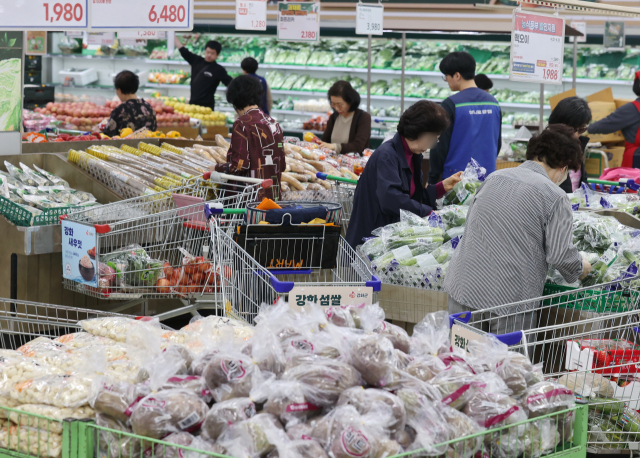23일 서울의 한 대형마트 식품 매장에서 시민들이 채소류를 구매하고 있다. 연합뉴스