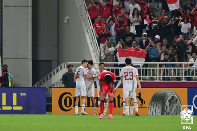 인도네시아 선수들이 23세 이하 아시안컵 8강전에서 한국을 상대로 득점한 뒤 기뻐하고 있다. 사진 제공=대한축구협회