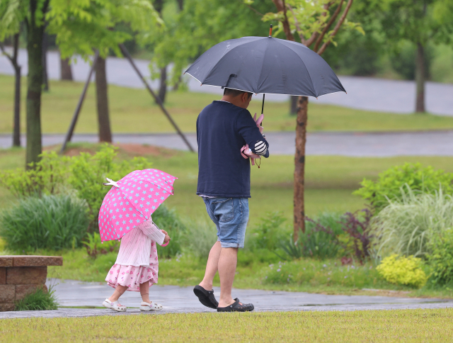 연휴 마지막 날인 6일 비가 내린 경기도 과천시 서울대공원에서 한 아이가 우산을 쓰고 아빠를 쫓아가고 있다.연합뉴스