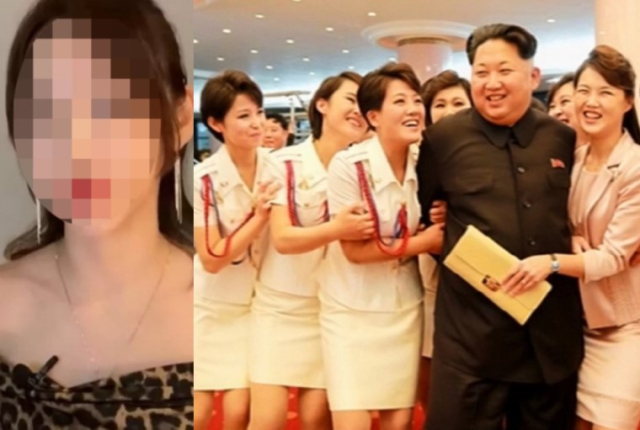 탈북 여성 박연미(왼쪽)와 모란봉악단에 둘러싸인 김정은. 연합뉴스, 유튜브 캡처