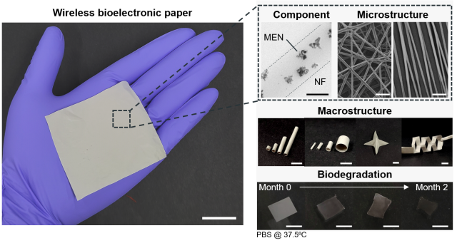 종이형 무선 전기자극 기기 전체 개요. 개발된 무선 전기자극 기기(좌단). 전기자기 나노입자는 생분해성 나노섬유에 결합돼있고, 나노섬유의 미시적 구조 방향성은 조절될 수 있다(우상단). 기기를 접거나 잘라 다양한 거시적 구조를 신속하게 얻을 수 있다(우중단). 완성된 기기는 치료 후 생분해될 수 있다(우하단). 사진제공=유니스트