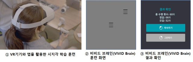 시야장애를 겪는 환자가 가상현실(VR) 기기와 모바일 앱을 활용해 시지각 학습 훈련을 진행한 다음 결과를 확인하는 방식으로 진행된다. 사진 제공=한국보건산업진흥원