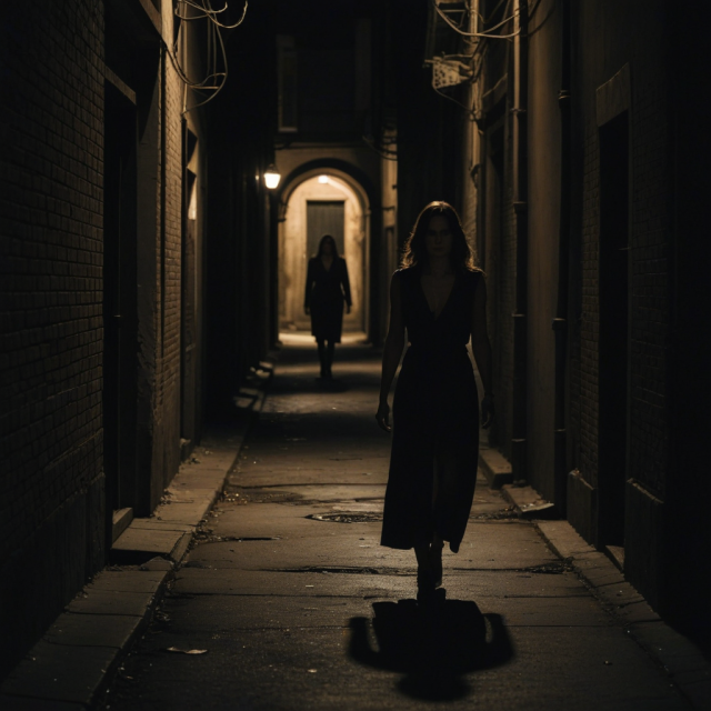 ‘플라멜 AI 이미지 생성기’로 만든 어두운 골목길에서 걷고 있는 여성을 누군가 뒤따라가는 모습. 툴 제공=스모어톡
