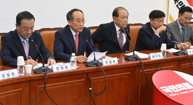 추경호 국민의힘 원내대표가 20일 서울 여의도 국회에서 열린 비대위 회의에서 현안에 관해 발언하고 있다. 오승현 기자